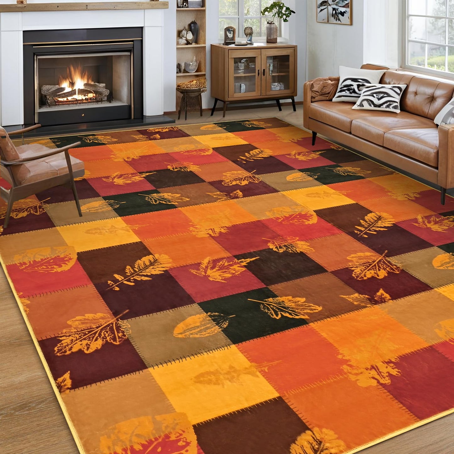ASPMIZ Fall Area Rug 5x7 Washable Rugs for Living Room, Soft Faux Wool Thanksgiving Bedroom Rugs Non Slip Orange Maple Leaf Floor Carpet Low Pile Large Throw Rug for Dining Room Home Office Decor