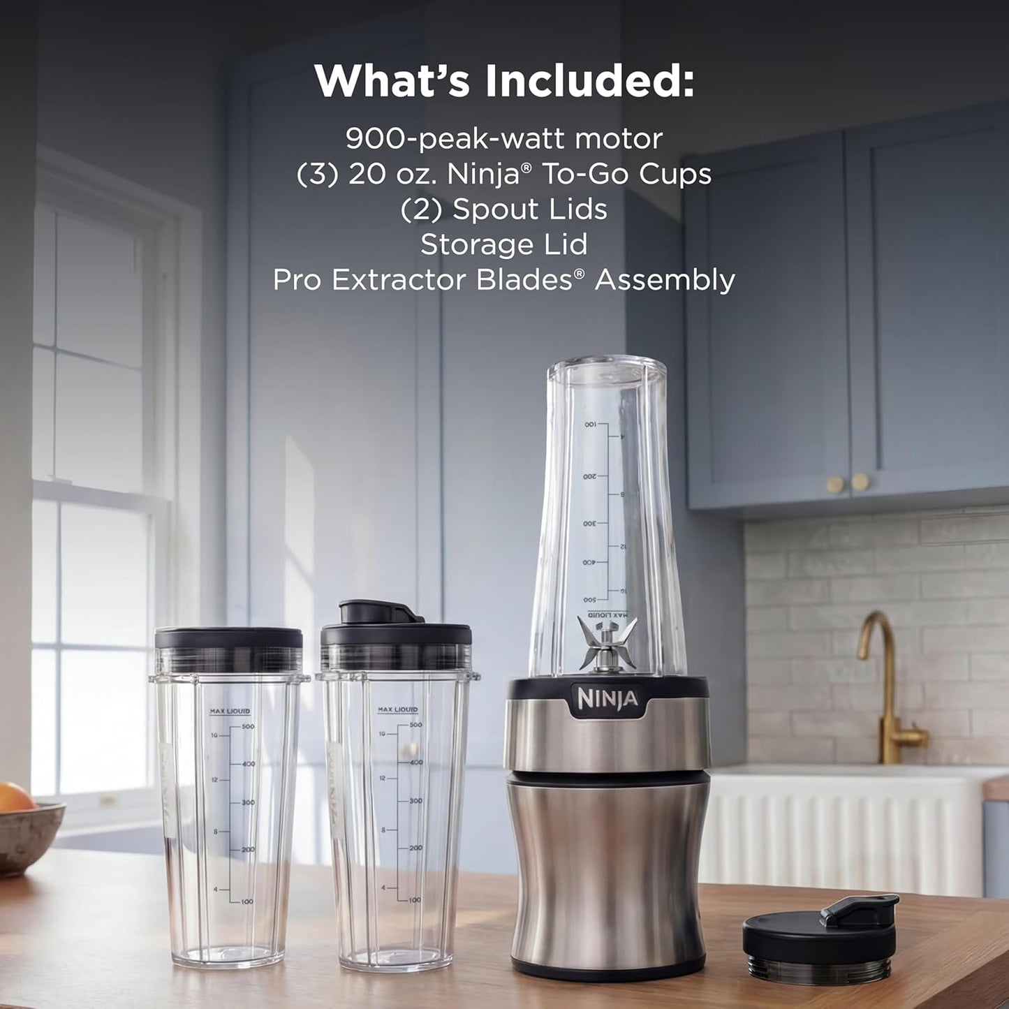 Ninja Nutri-Plus Personal Blender - Compact Push-To-Blend for Smoothies & Sauces | 3 To-Go Cups & Lids | 900W | Silver