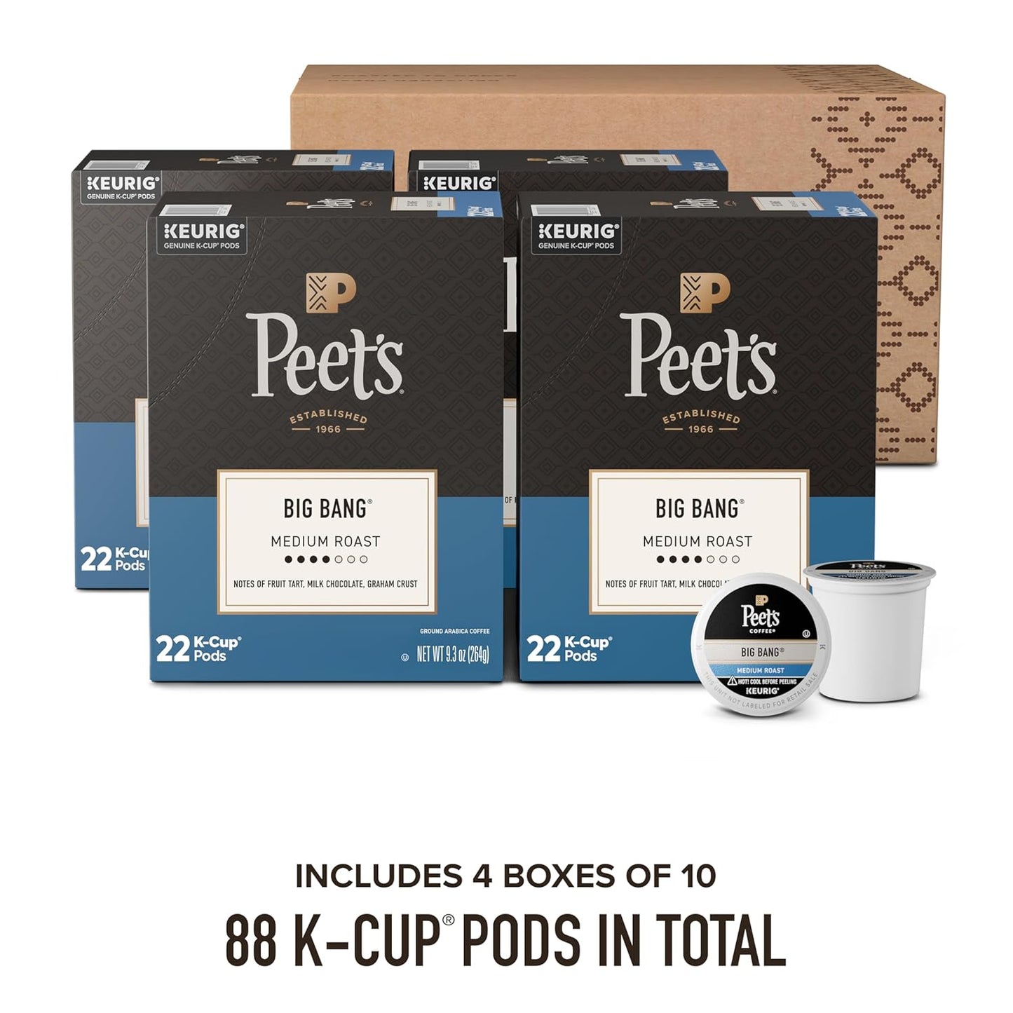 Peet's Coffee Medium Roast K-Cup Pods - 100% Arabica Big Bang Flavor | 88 Count (4 Boxes of 22 Pods)