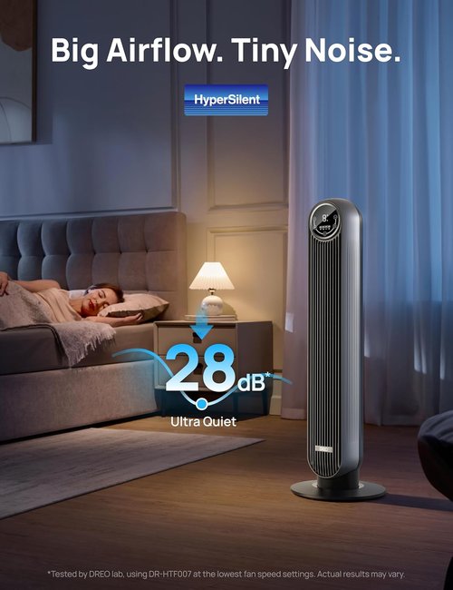 DREO Bladeless Tower Fan - Ultra Quiet with 4 Speeds & 90° Oscillation | 25ft/s Airflow, Silver