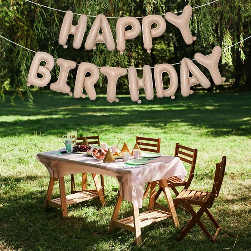 Happy Birthday Balloon Banner Beige, 16 Inch Neutral Tan Self Inflating Happy Birthday Foil Balloon, Nude Born Day Bunting Banner Letter Balloons for Men Women Bday Party Decorations Supplies