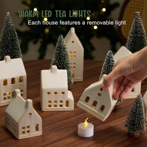 Christmas Village Set by [Brand Name] - 23 Pcs with 7 White Ceramic Houses & Remote LED Tea Lights | Farmhouse Decor for Tabletop & Mantel