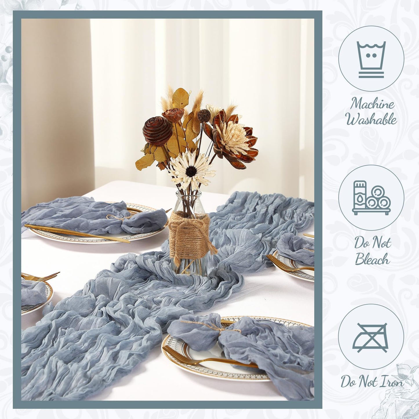 Windkream 2 Cheesecloth Table Runners and 24 Napkins Set, 10Ft Boho Cheese Cloth Table Runners 20 x 20 Inch Rustic Wrinkled Gauze Napkins for Wedding Birthday Baby Shower Party Decor (Dusty Blue)