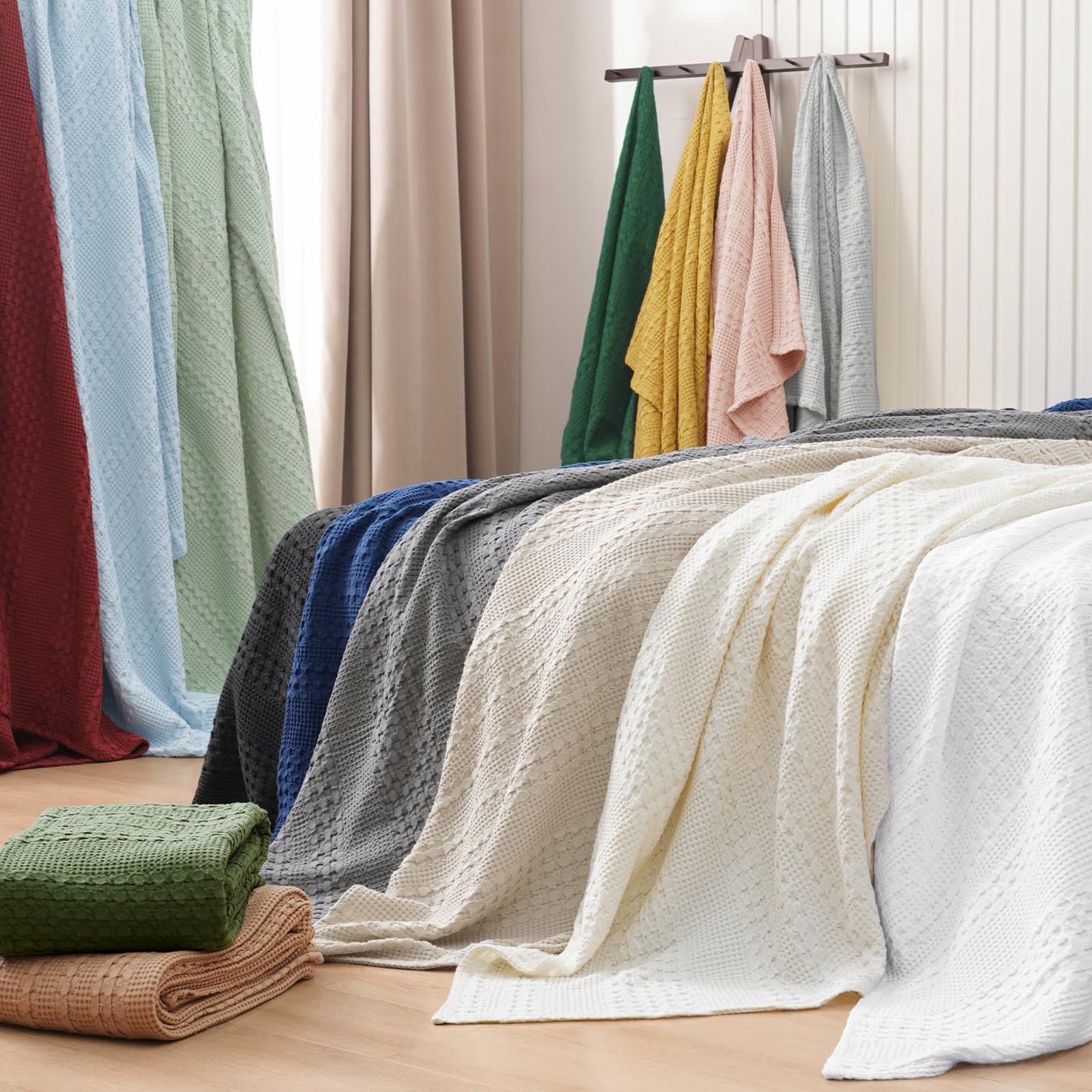 PHF 100% Cotton Waffle Weave Blanket Queen Size, Soft Lightweight Breathable Cozy Summer Blankets for Bed, Luxury Aesthetic Woven Bedding for Home Decor, 90"x90", Charcoal Grey