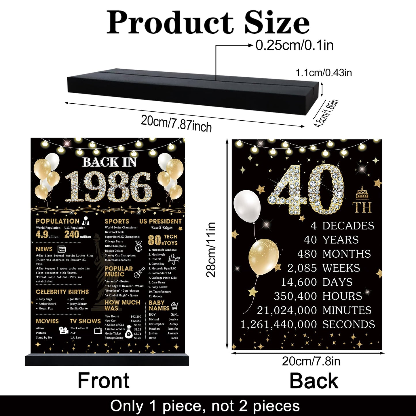 Roetyce 40th Birthday Decorations Gift for Women Men, Black Gold Back in 1986 Poster Acrylic Sign Centerpiece(1PC Duplex Printing), 40th Anniversary Table Decor, 40 Years Old Birthday Party Supplies