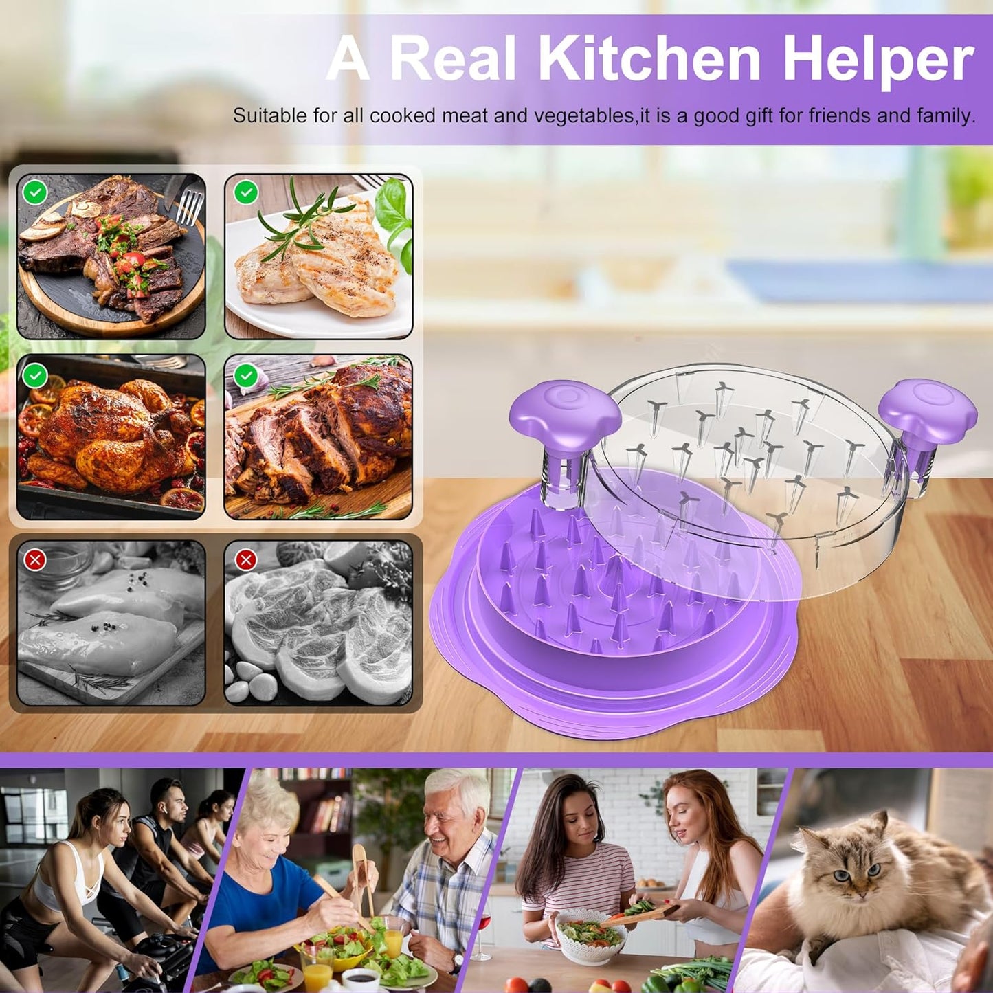 SURETIVIAN Chicken Shredder - Ergonomic Large Meat Shredder Tool with Brush & Fork | BPA-Free, Purple