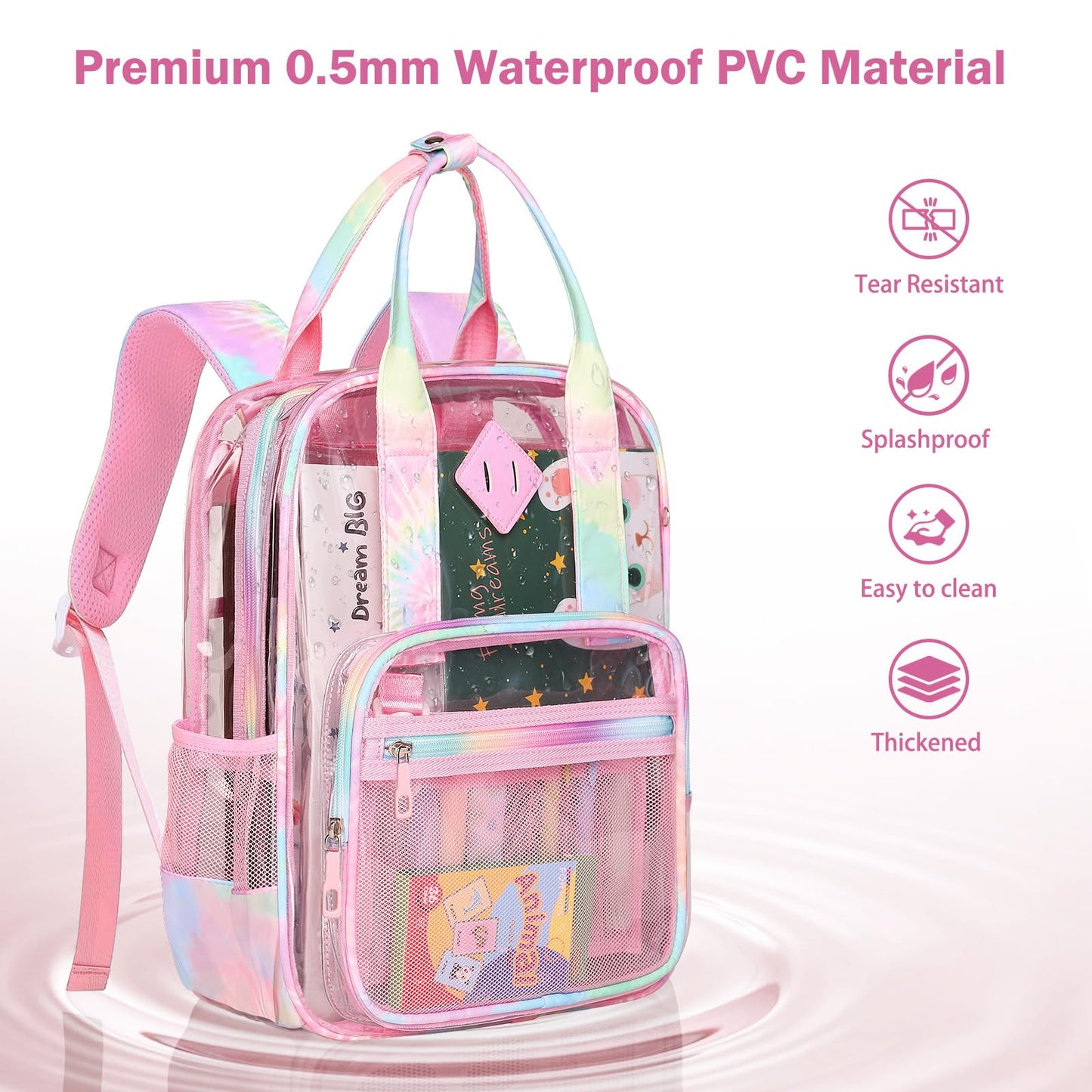 Rinooau Clear Backpack Heavy Duty, PVC Clear Bag for Stadium Events See Through Pink Bookbag, Transparent Backpack for Girls Women Kids Stadium Approved Clears Concert Bag for School Work Travel