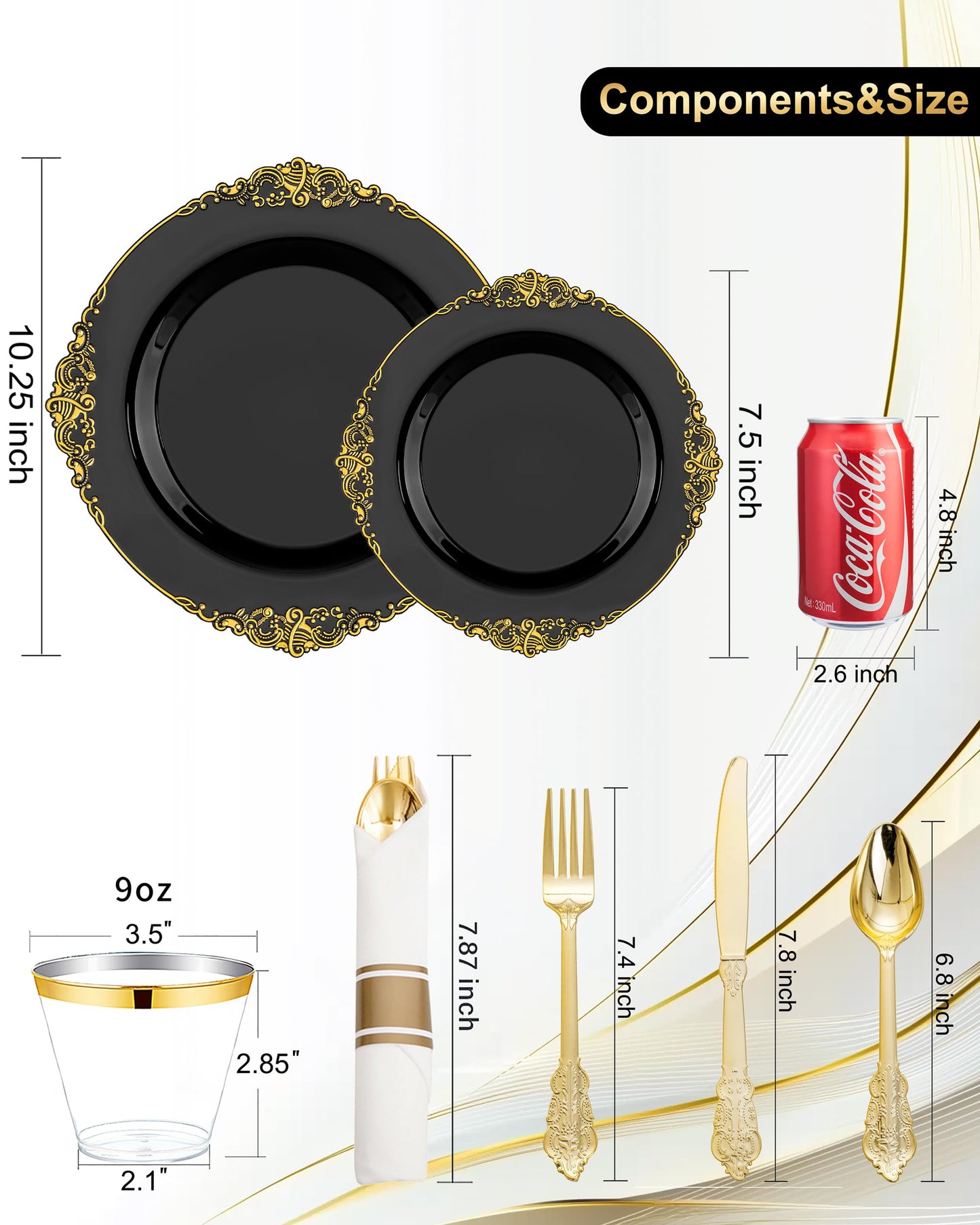 Nervure 175PCS Black Plastic Plates - Disposable Black Gold Party Plates & Pre Rolled Napkins with Cutlery for 25 Guests, 50Plates, 75Silverware, 25Cups, 25Napkin for Wedding & Party