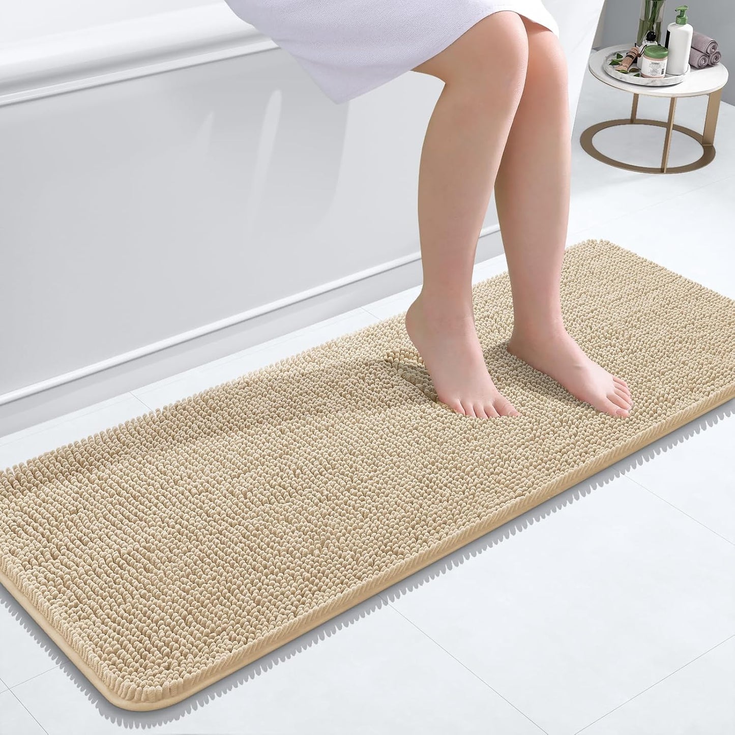 OLANLY Bathroom Runner Rugs - Extra Soft Chenille Bath Mats | Quick Dry, Machine Washable, 47x17, Beige