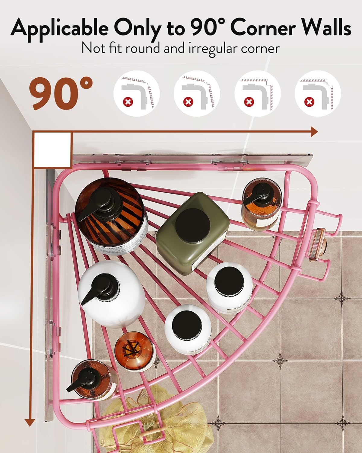 Orimade Corner Shower Caddy - Wall Mounted Metal Bathroom Organizer with 2 Hooks | No Drilling, Pink, 90-Degree Corner, 2 Pack