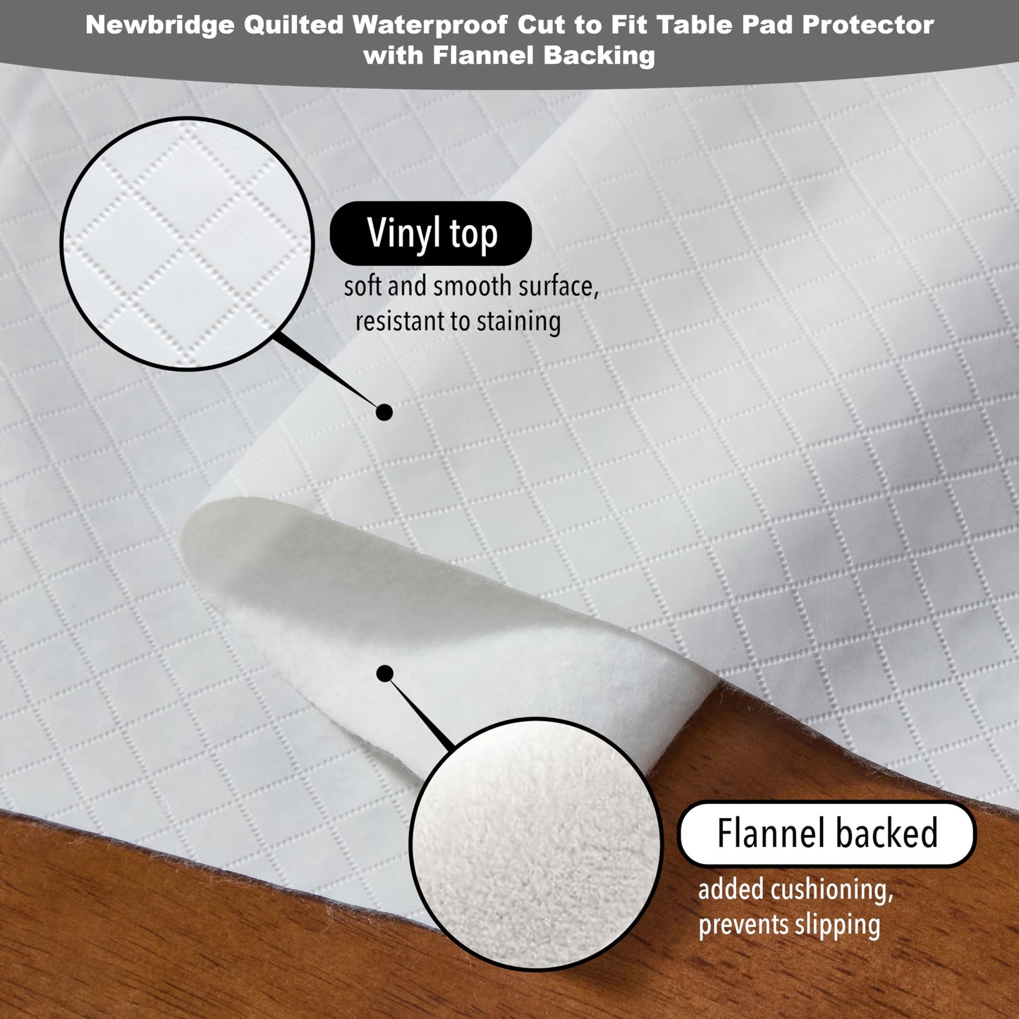 Newbridge Quilted Waterproof Cut to Fit Table Pad Protector with Flannel Backing, Heat Resistant, Wipe Clean, Cushioned Pad Protects Table from Spills and Scratches, 52" x 70"