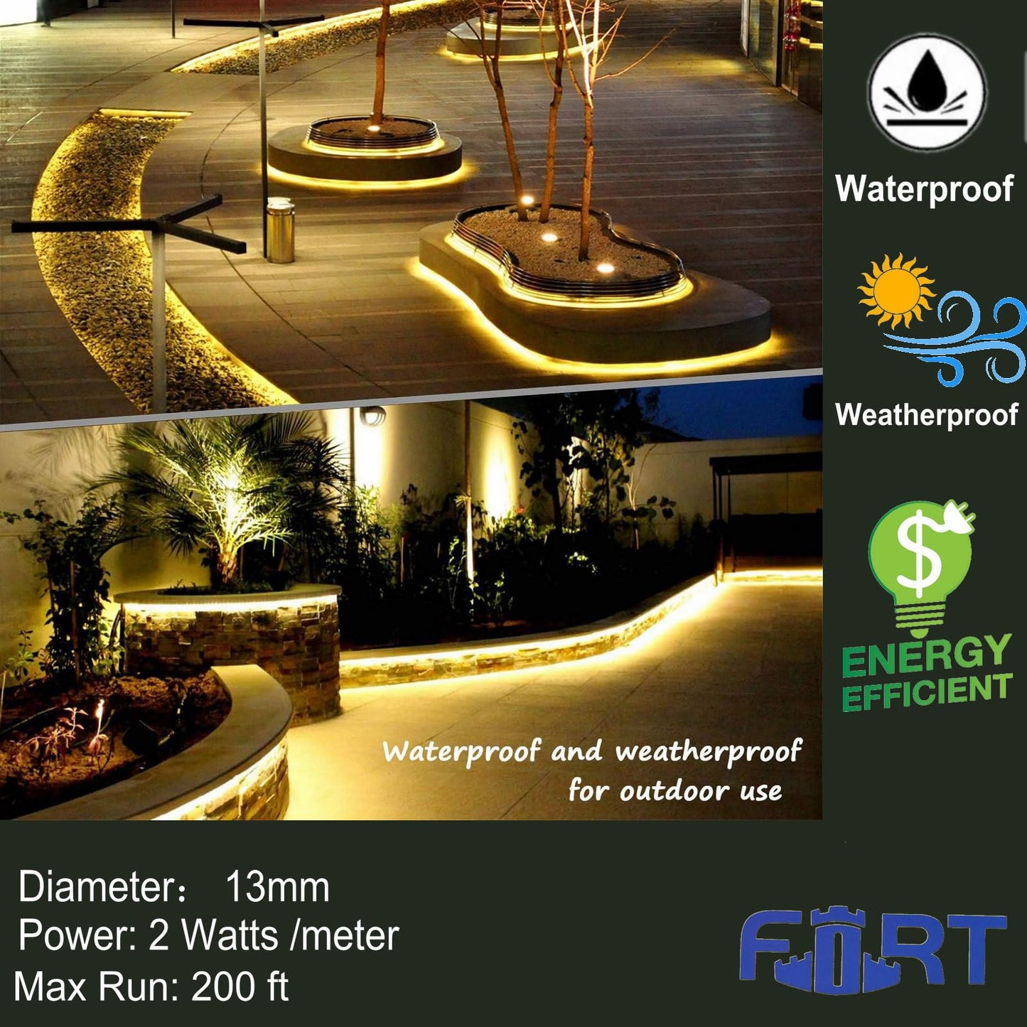 FORT LED Rope Lights Outdoor Waterproof Warm White led Strip Lights, 100 ft led Lights 720 Led Connectable and Flexible Tube Lights UL Plug -Idear for Trees,Pool,Wedding Deck Landscape, Gerden Decor