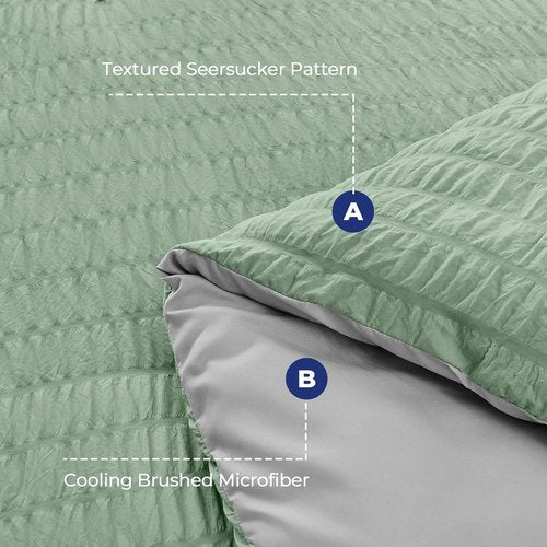 HYMOKEGE King Size Comforter Set - Luxury 7-Piece Bedding in Sage Green & Light Grey | All-Season Seersucker Design