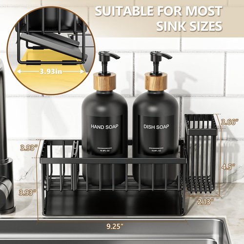 Cisily Kitchen Dish Soap Dispenser Set with 2 Pack 16.9oz Black Glass Bottle and Sponge Holder, Dish Soap Dispensers with Adjustable Sponge Holder, Vintage Hand and Dish Soap Dispensers Set