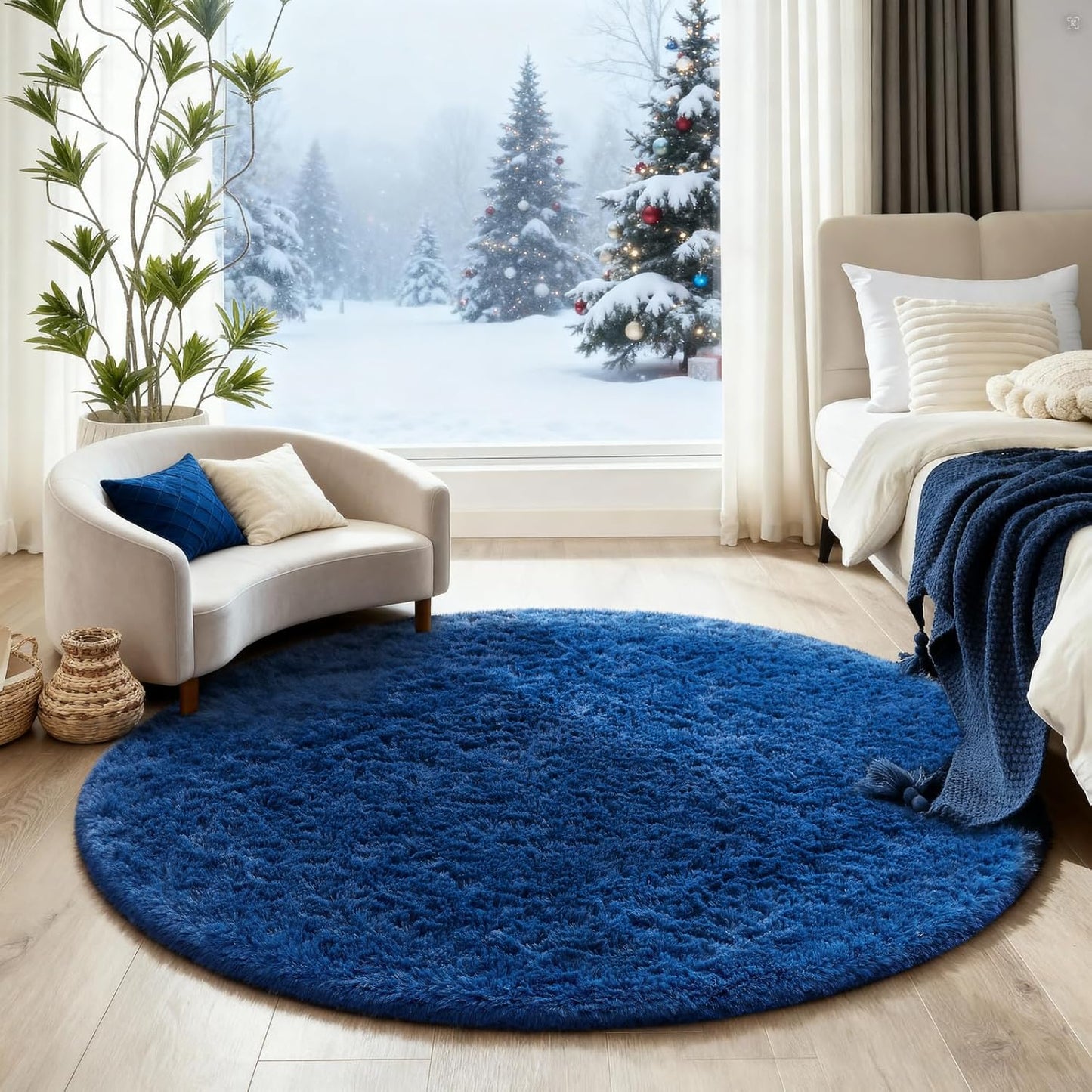 Ophanie Blue Round Rug - 4Ft Fluffy Plush Area Rug for Kids' Room | Soft Shaggy Carpet Decor