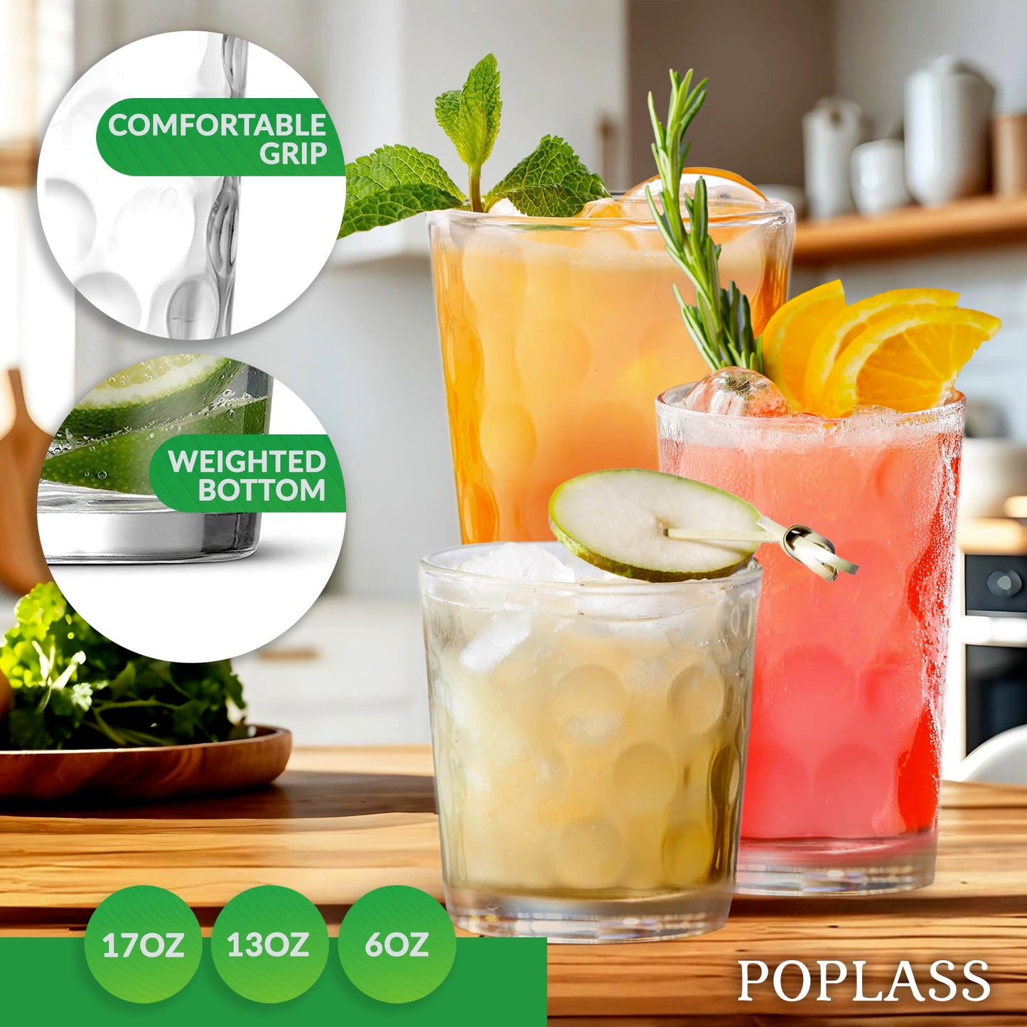POPLASS Melrose 18-Piece Family Drinking Glasses Set - Drinking Glassware Set with Highball Cooler, DOF (Double Old Fashioned), and Juice Glasses - 6 Each