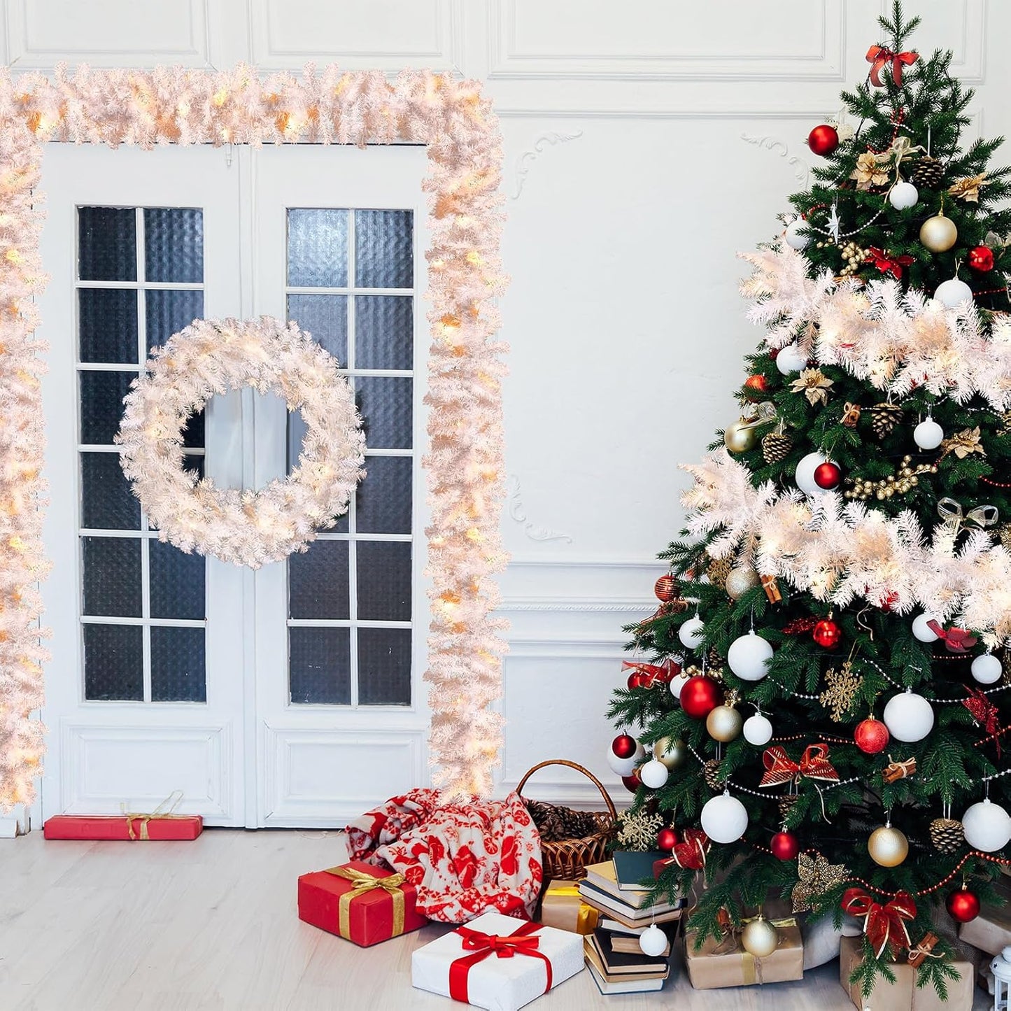 Hotop 9 ft Faux Spruce Artificial Christmas Garland LED Garland Warm Pine Prelit Battery Operated Lighted Garland for Seasonal Indoor Home Fireplace Mantle Tree Stair Decor (2 Pcs,White)