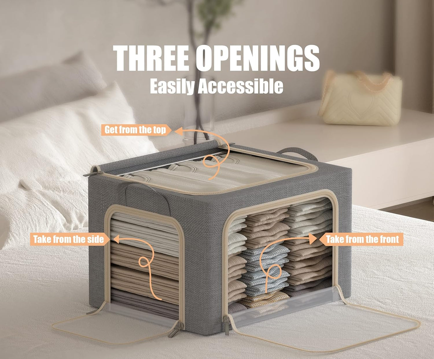 Skiennix Foldable Clothes Storage Bins - 3 Pack with Metal Frame, Clear Window & Durable Handles | Light Grey, 40L