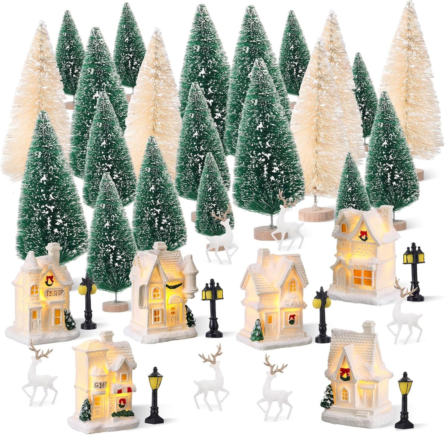 Kasyat Winter Village Set - 50 Pcs LED Lighted White Houses & Mini Trees for Christmas Decor