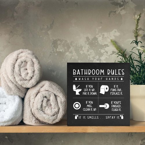Funny Restroom Sign by Rustic Home Decor - Black Wooden Box with Bathroom Rules | Perfect Gift for Thanksgiving & Christmas