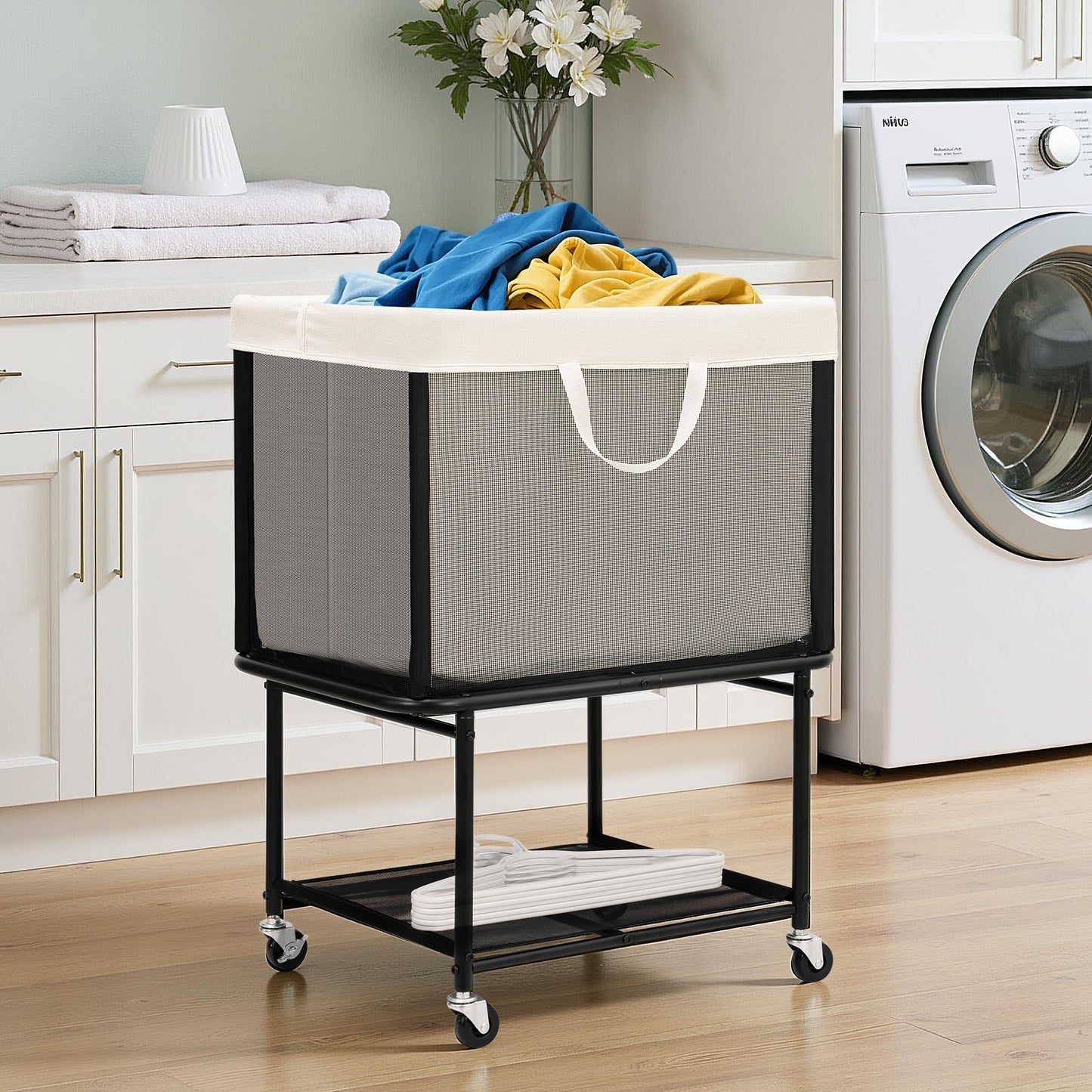 STO STO Rolling Laundry Hamper with Lockable Wheels, 29-Gallon (110L) Laundry Cart with Removable Canvas Bag, 2-Tier Clothes Basket Hamper with Shelf for Closet, Bedroom, Bathroom, Laundry Room