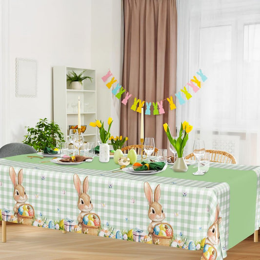 QZYL 3 Pack Easter Tablecloths, 54" x 108" Disposable Easter Decorations, Sage Green Bunny Plaid Spring Tablecloth, Rectangle Plastic Easter Table Cloth with Easter Party Decorations Supplies Favors