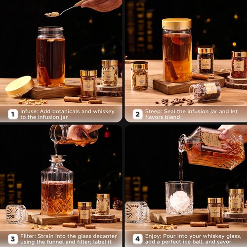 ComboJoy Whiskey Infusion Kit Gifts for Men – 12 Natural Ingredients, Decanter, Infusion Jar, Glass, Ice Mold – DIY Whiskey, Bourbon, Rum & Cocktail Infusion Set for Him, Dad, Husband