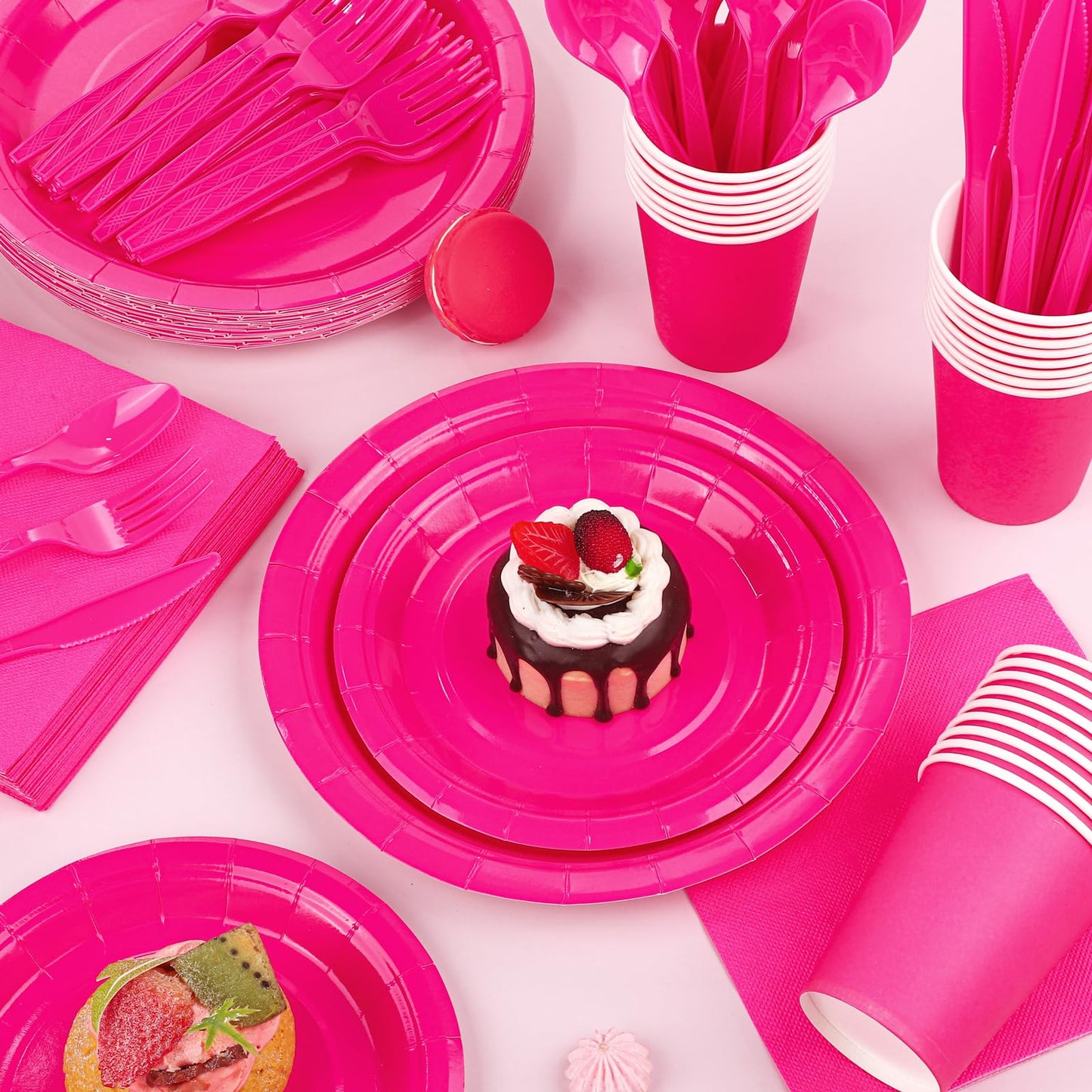 Kochorie 169 Pieces Hot Pink Party Supplies Disposable Dinnerware Set Include Plates and Cups Napkins Plastic Forks Knives Spoons Tablecloth for Wedding Birthday Party Decorations, Serve 24 Guests