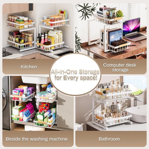 ADBIU Under Sink Organizer - Adjustable 2-Tier Pull-Out Storage Drawers (11"-15.75") | Heavy-Duty Metal, White