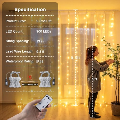JMEXSUSS 900 LED Outdoor Curtain Lights - 9.5x29.5ft Twinkle String Lights with Remote | Warm White for Weddings & Decor