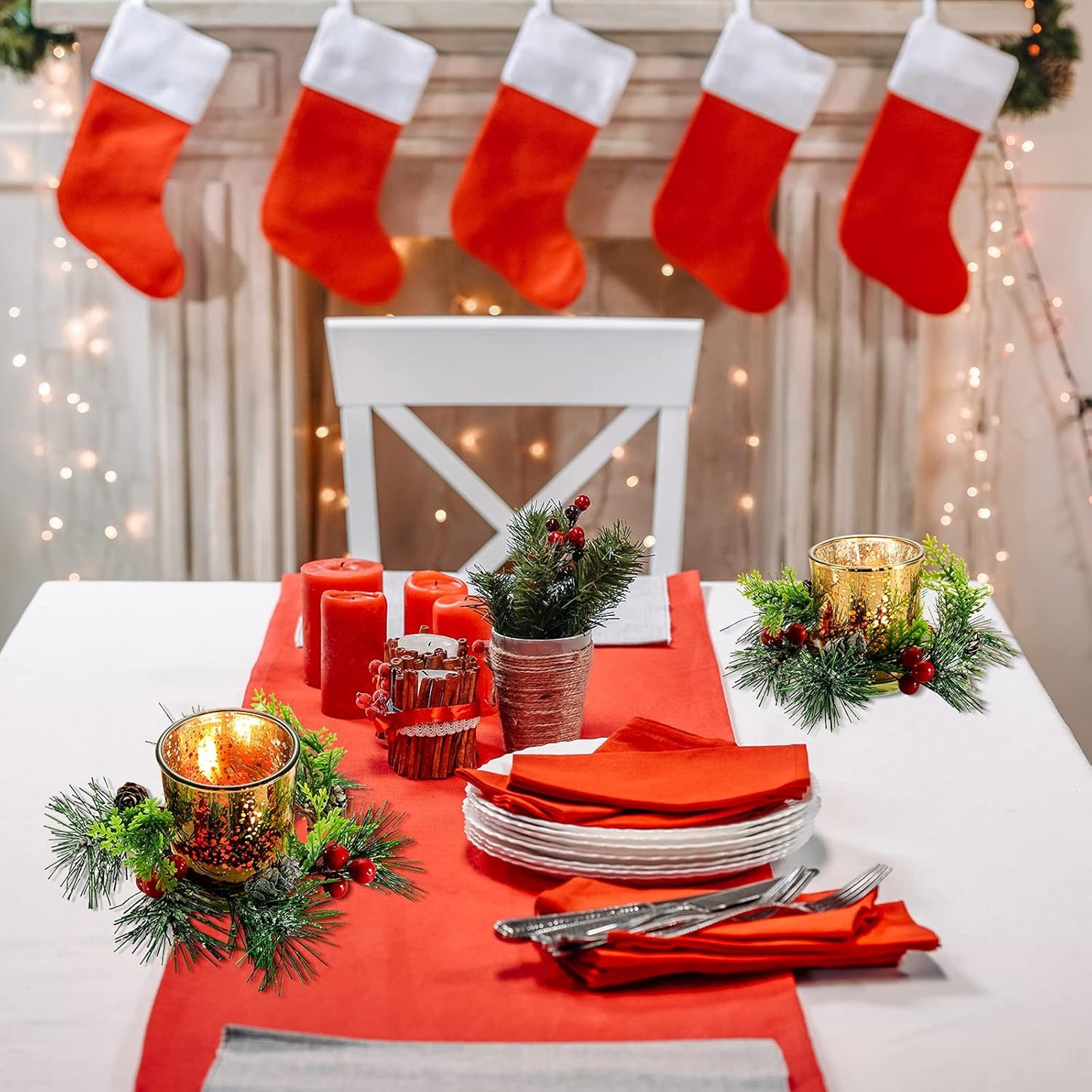 Skylety Christmas Votive Candle Holders - 4 Pack Glass Tealight Holders with Red Berry Wreaths
