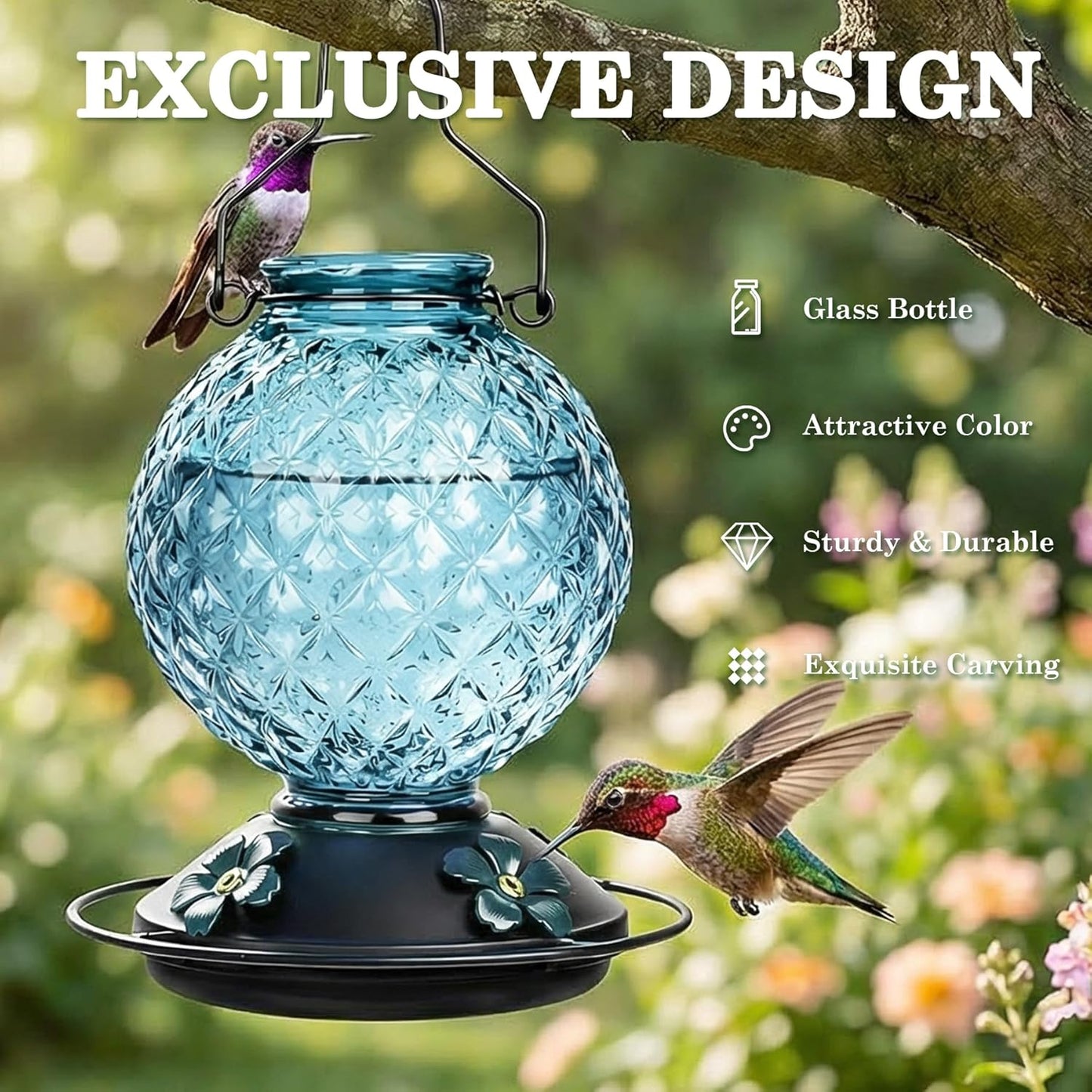 Skiennix Glass Hummingbird Feeder - 25 Oz Outdoor Nectar Feeder with 4 Bee Guards & Ant Moat | Blue