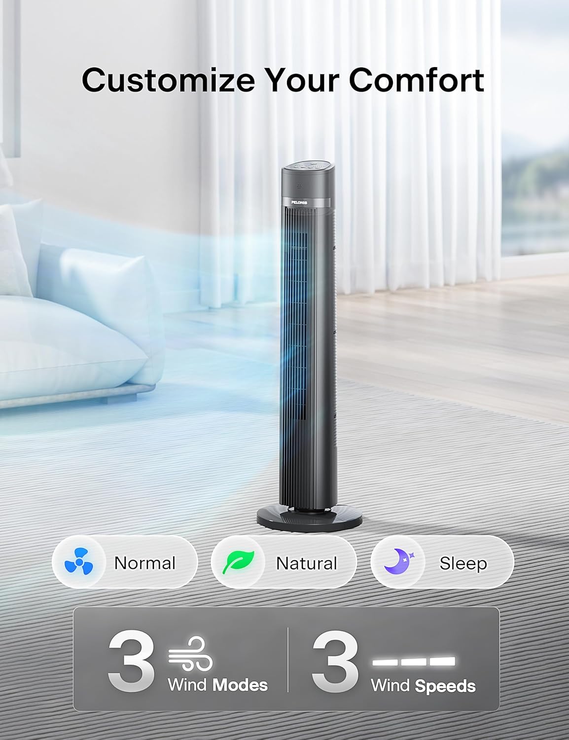 PELONIS Bladeless Tower Fan - 40 Inch Standing Fan with Remote, 90° Oscillation, 3 Speed Modes, Grey