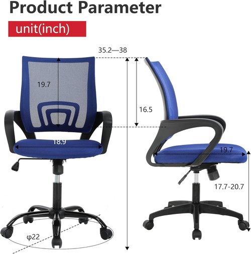 BestOffice Ergonomic Office Chair - Mid-Back Swivel Desk Chair with Breathable Backrest & Lumbar Support - Dark Blue