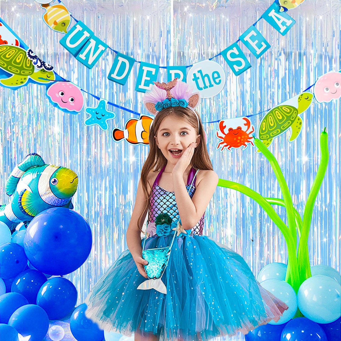 MYUPDALIN 2 Pack Iridescent Party Streamers Backdrop Foil Fringe Curtain for Mermaid Freezing Ocean Theme Party Decorations