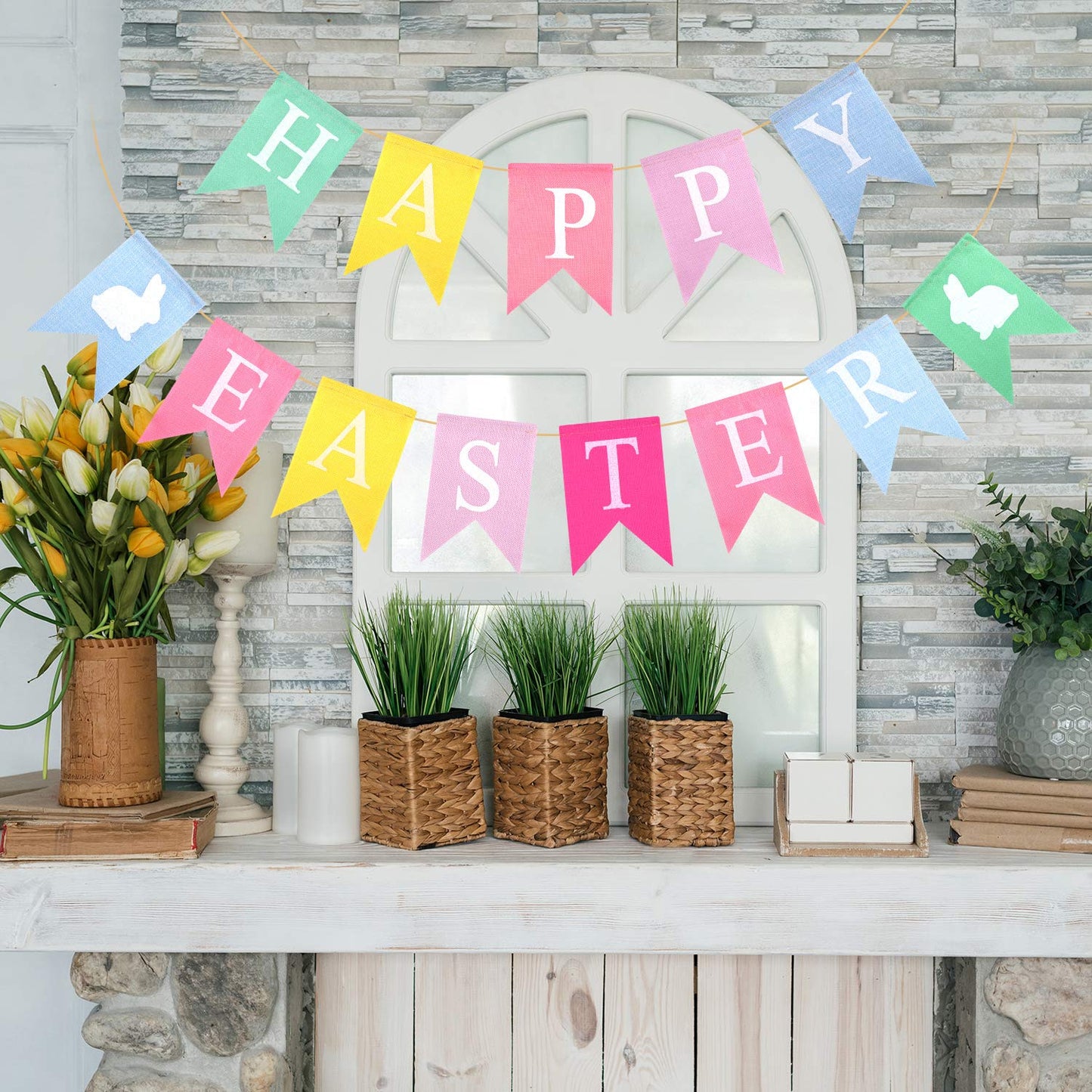 TUPARKA 2pcs Easter Banners, 'Happy Easter' Bunting Garland Decorations, Lightweight Hessian Banner, Pennant Shape, 2.5m Length, Ideal for Party, Indoor & Outdoor, Hand Wash Only