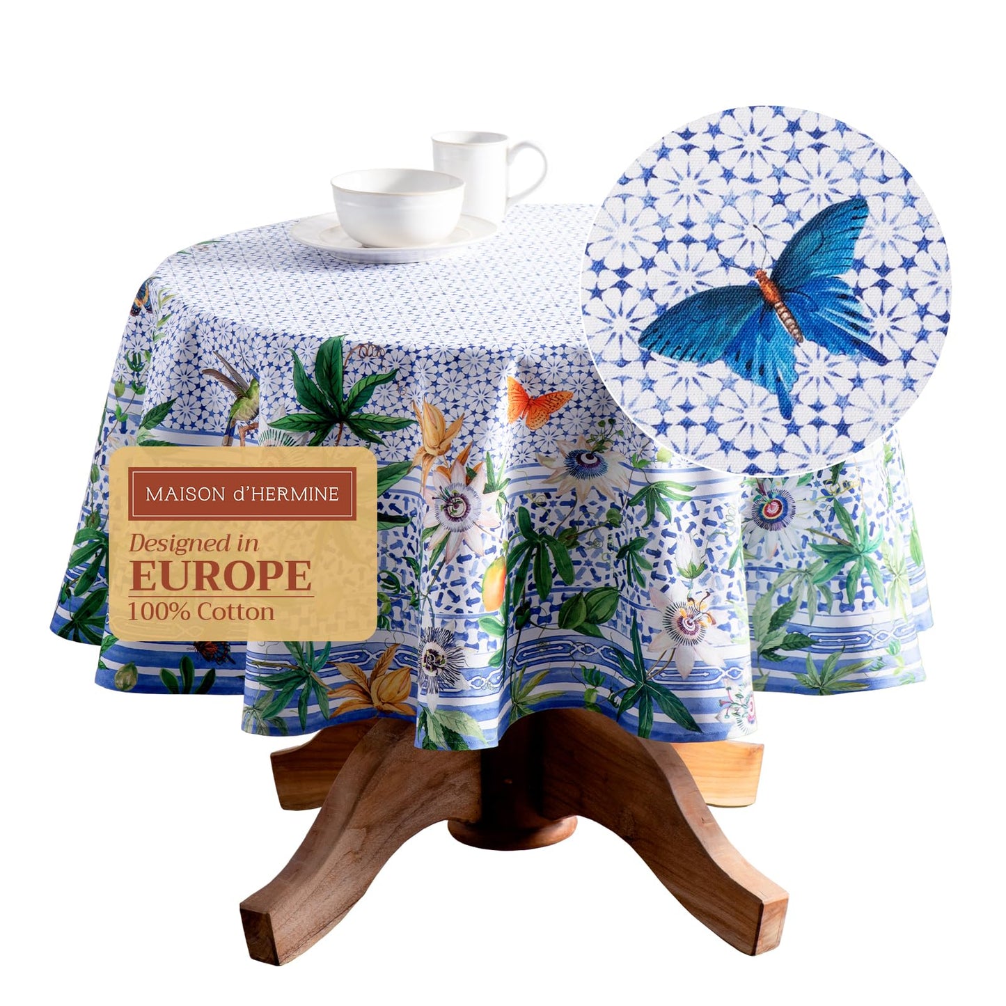 Maison d' Hermine Table Cloth Round Table 100% Cotton 63 Round Inches Tablecloth Reusable Decorative for Dining Kitchen Room Farmhouse Home Gifts for Mothers Day Spring Summer - Passiflora
