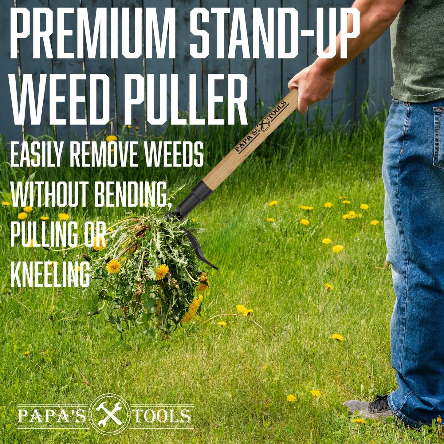 Papa's Tools Weeder - Stand-Up Weed Puller with Long Bamboo Handle & 4-Claw Steel Head | Effortlessly Remove Weeds