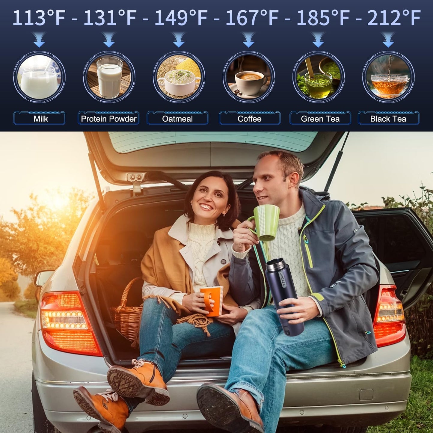 Vacuum Insulated Car Electric Kettle,Miicasa Stainless Steel Tumbler Car Water Heater,12V/24V Water Boiler with 6 Temperature and Auto Shut-Off Boil Dry,16oz