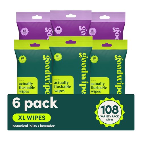 Goodwipes Flushable Wipes - Extra Large Travel Size Wet Wipes | Portable & Sewer Safe - Botanical Bliss & Lavender, 108 Count (6 Packs)