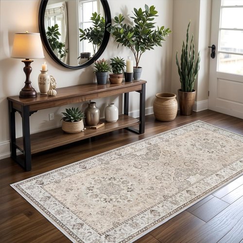 Hallway Washable Runner Rug - Vintage Soft Non-Slip Indoor Carpet for Kitchen & Entryway | 3x6 Beige