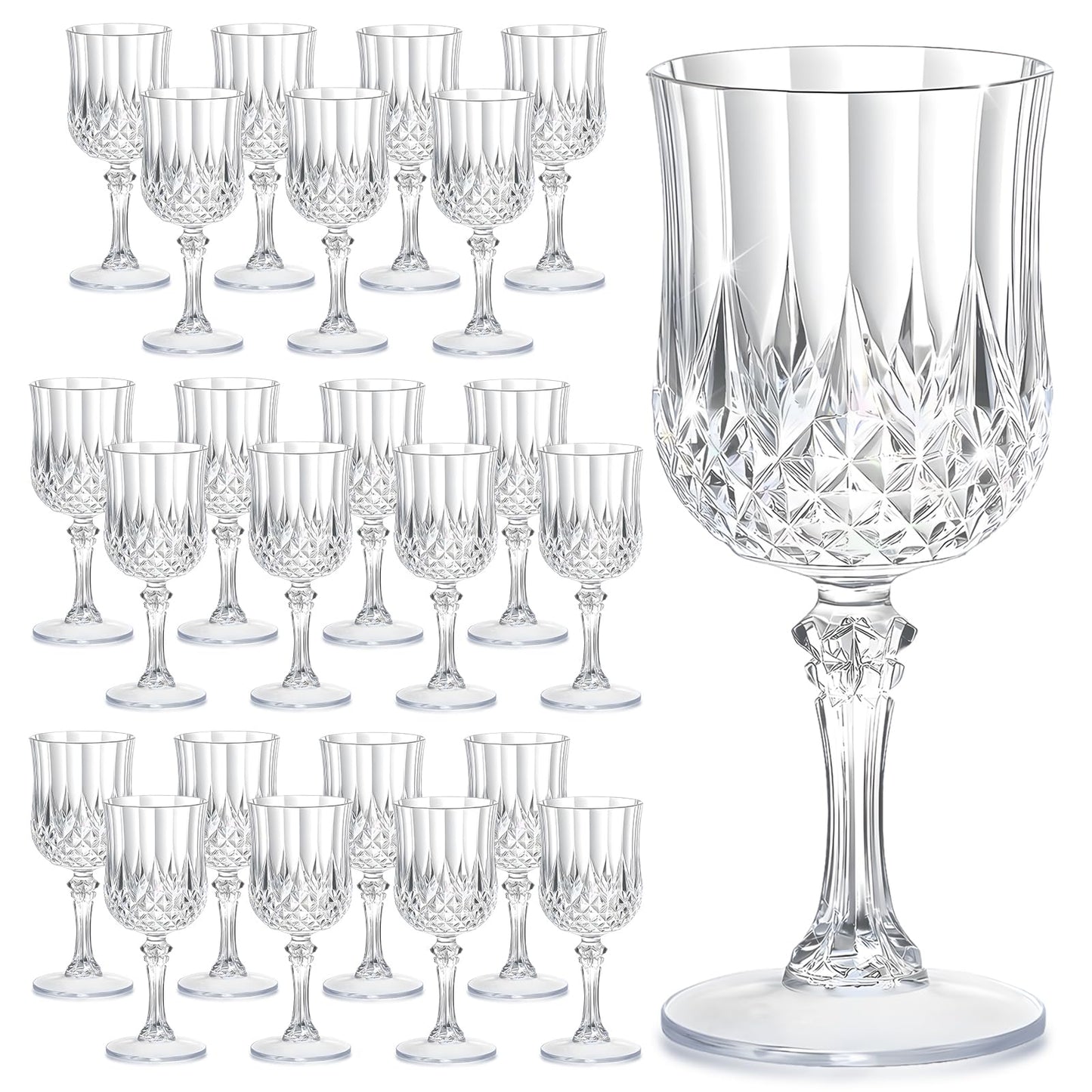 HTTBEIZI 7OZ Plastic Wine Glasses, Reusable Vintage Goblets Unbreakable Drinking Glasses Crystal Water Cups Champagne for Wedding, Parties (24, Clear)