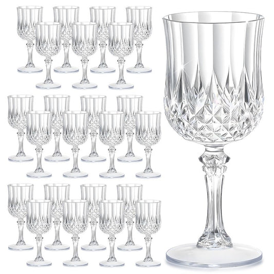 HTTBEIZI 7OZ Plastic Wine Glasses, Reusable Vintage Goblets Unbreakable Drinking Glasses Crystal Water Cups Champagne for Wedding, Parties (24, Clear)