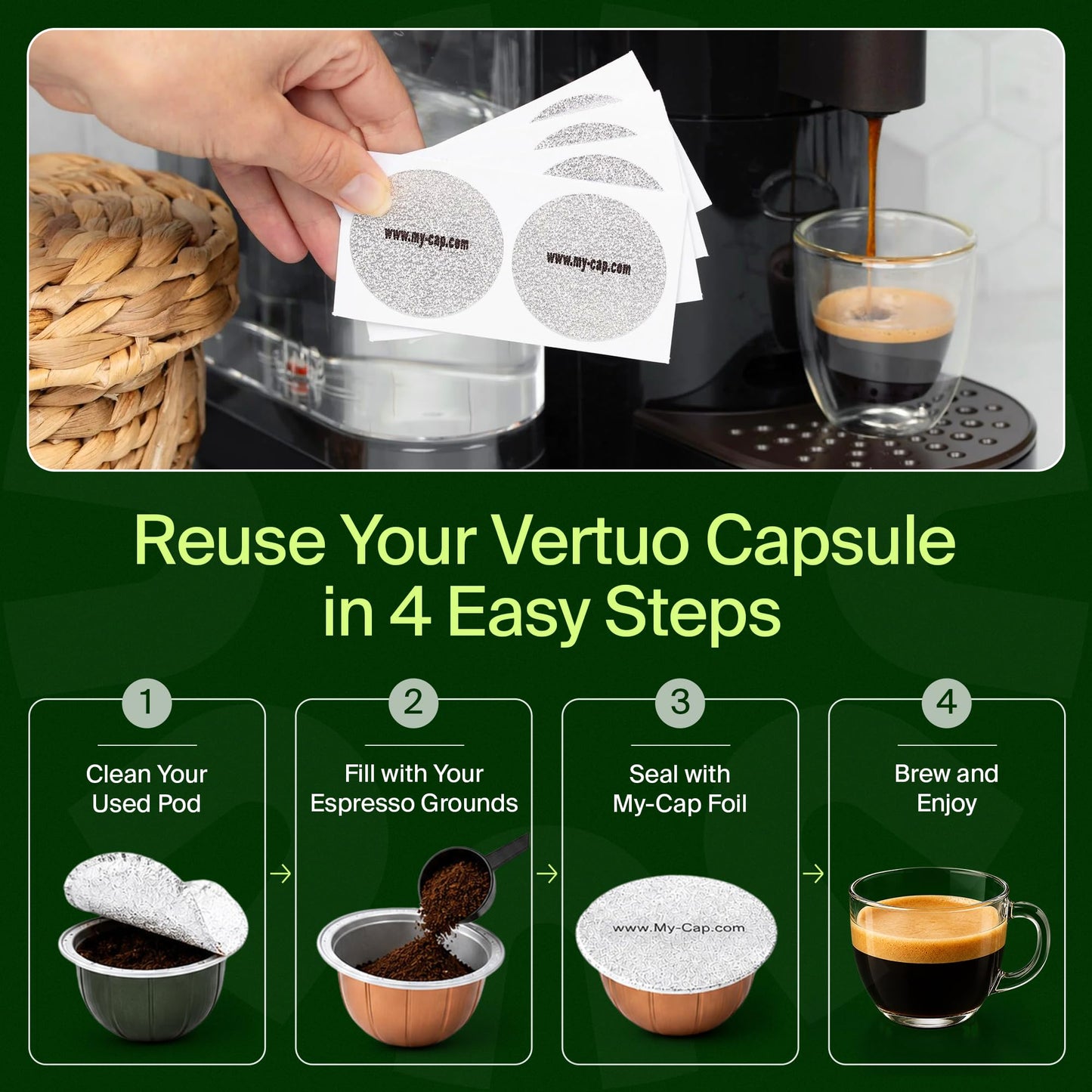 My-Cap Foil Seals for Nespresso Vertuo Pods - Reusable Aluminum Lids to Extend Life of Nespresso VertuoLine Capsules (Pack of 100)