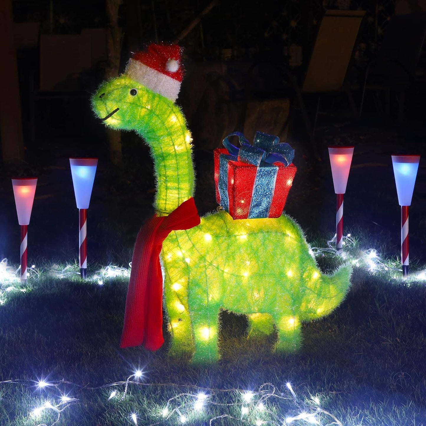 WATERGLIDE 27-Inch Lighted Christmas Dinosaur | Pre-Lit 3D Brachiosaurus Yard Decor with Gift Box