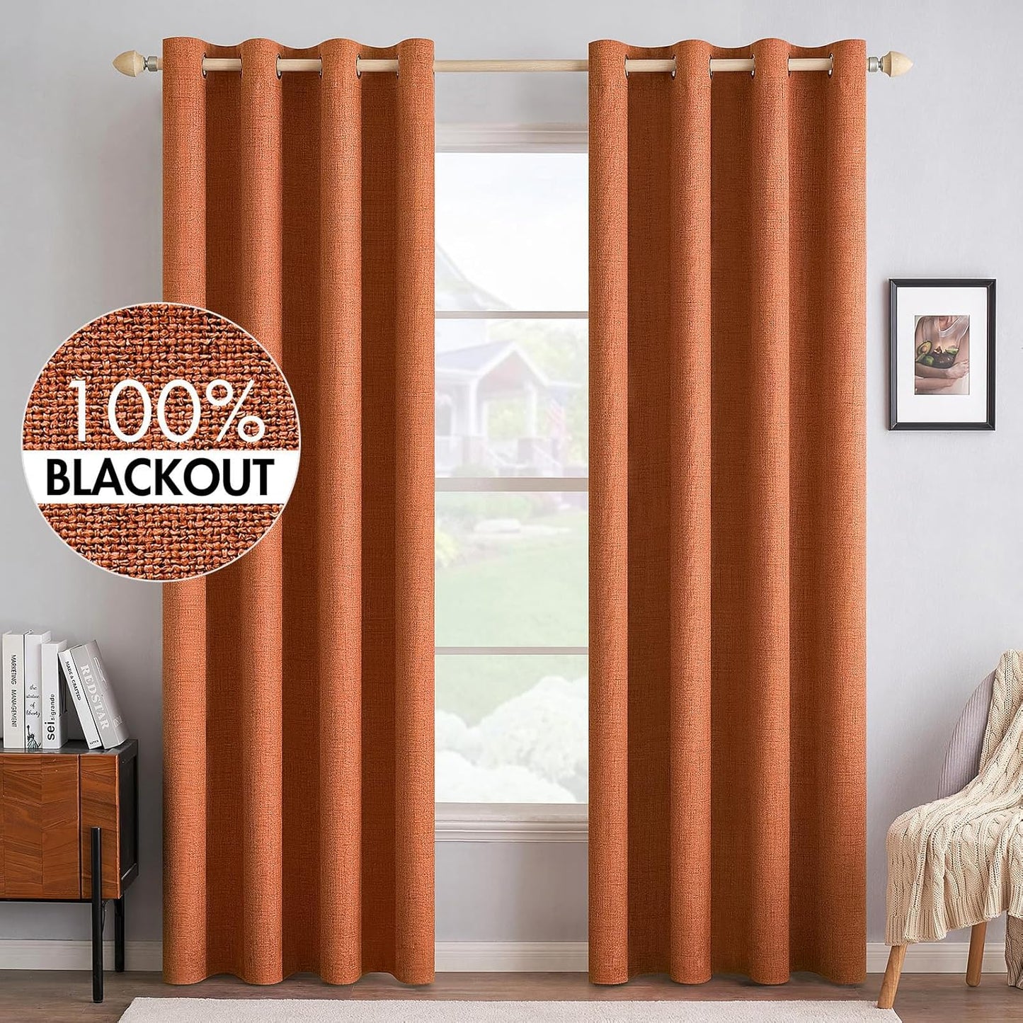 MIULEE Linen Curtains - 100% Blackout Thermal Insulated Orange Drapes | Room Darkening 52 x 90 Inch (2 Panels)
