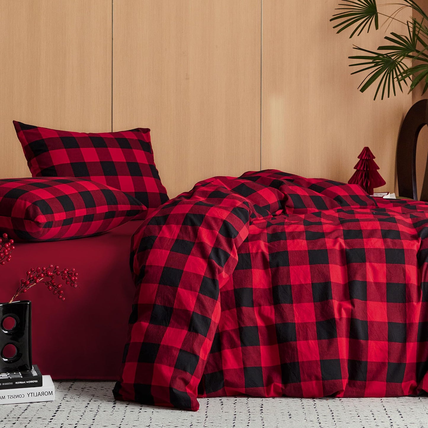 Wake In Cloud - Gingham Cotton Duvet Cover Set, Plaid Buffalo Check Checkered Farmhouse, 100% Washed Cotton Textured Bedding Set, 3 Pieces, Red Black, King Size