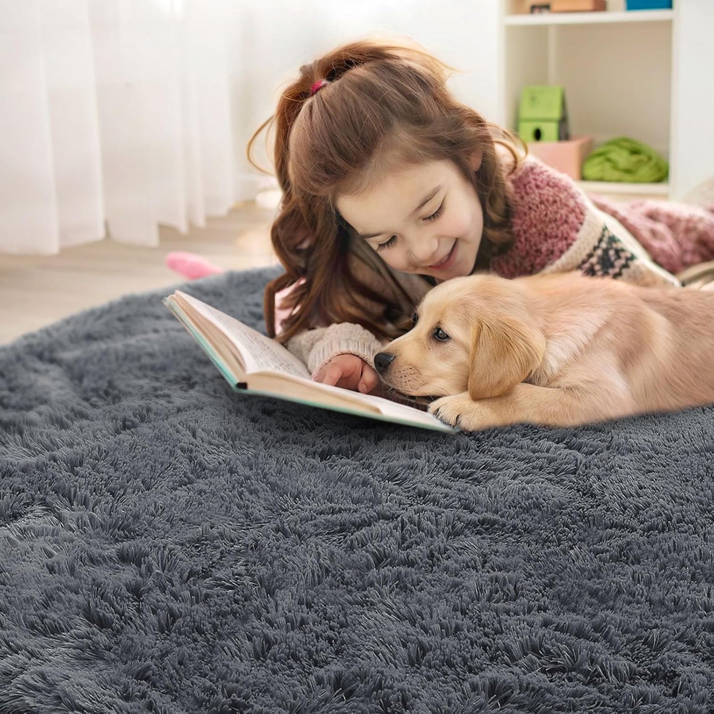 OLANLY Grey Round Area Rug - Soft, Fluffy & Machine Washable 4 ft Circle Carpet for Bedroom, Living Room & Nursery Decor