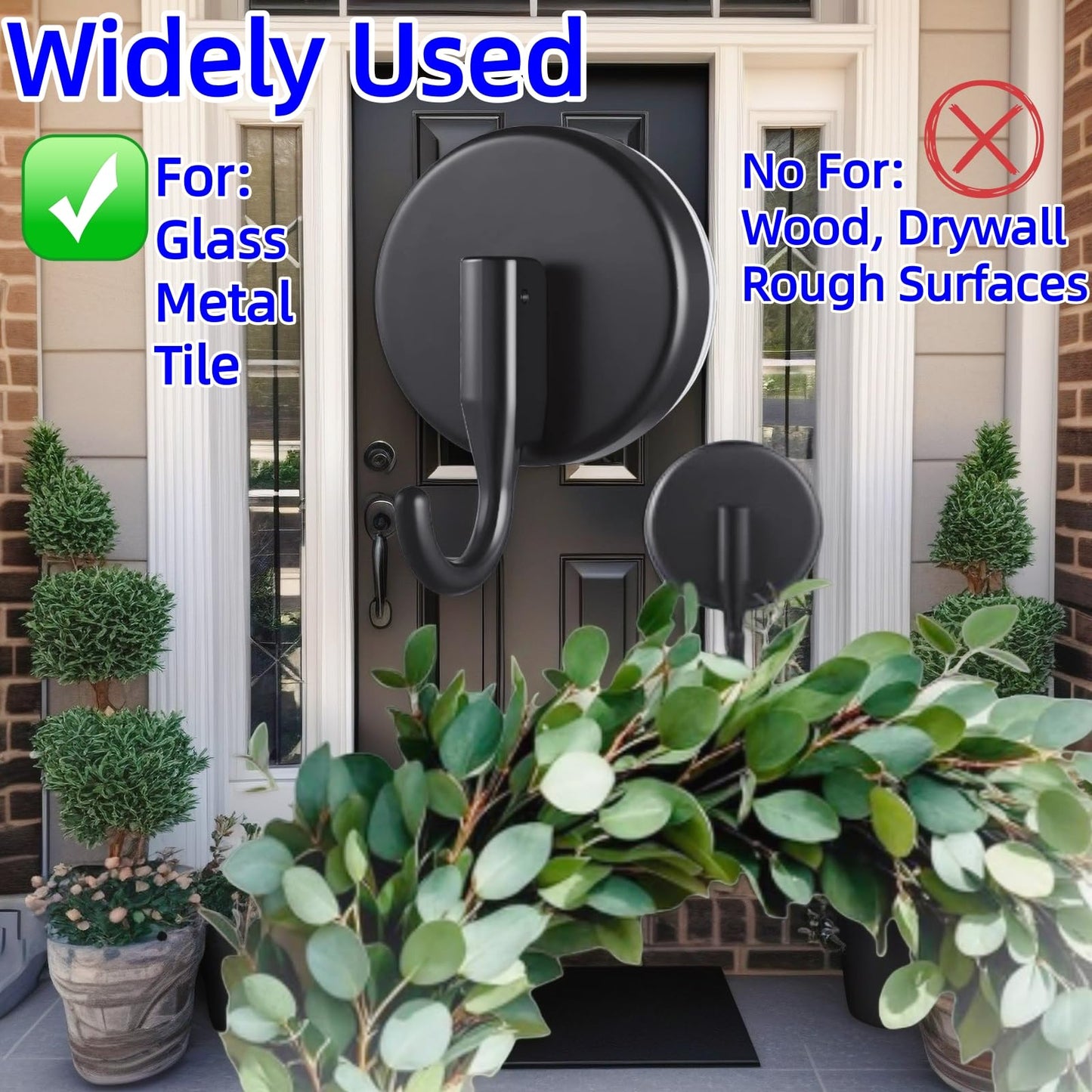 YVYAVGE Wreath Hanger Suction Hooks, 2 Pack Black Suction Cups for Glass Metal Tile, Clear Wall Hooks for Towels Wreaths Bathrobes Loofahs, Removable Hooks for Bathroom Kitchen Holiday Organization
