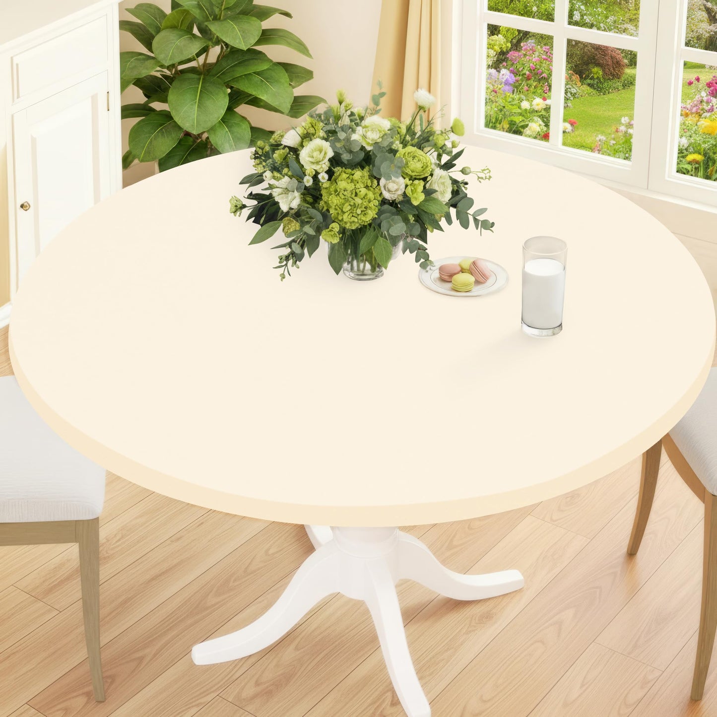 Smiry Round Spandex Tablecloth, Elastic Fitted Washable Tablecloths for 42"-50" Tables, Waterpoof Stretch Picnic Table Cover for Dining, Indoor and Outdoor, Beige